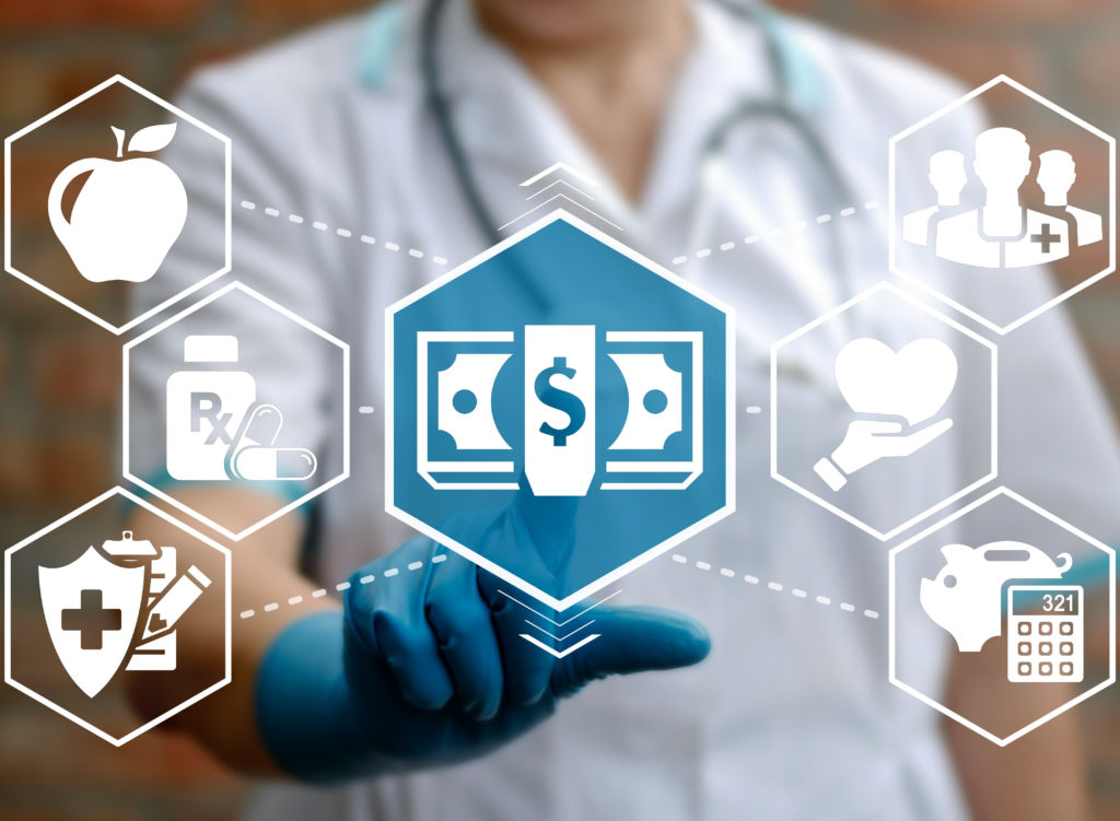 Health care insurance money medical concept. Doctor pressing cash banknote icon on virtual screen on background of network medicine finance healthcare assurance treatment sign.